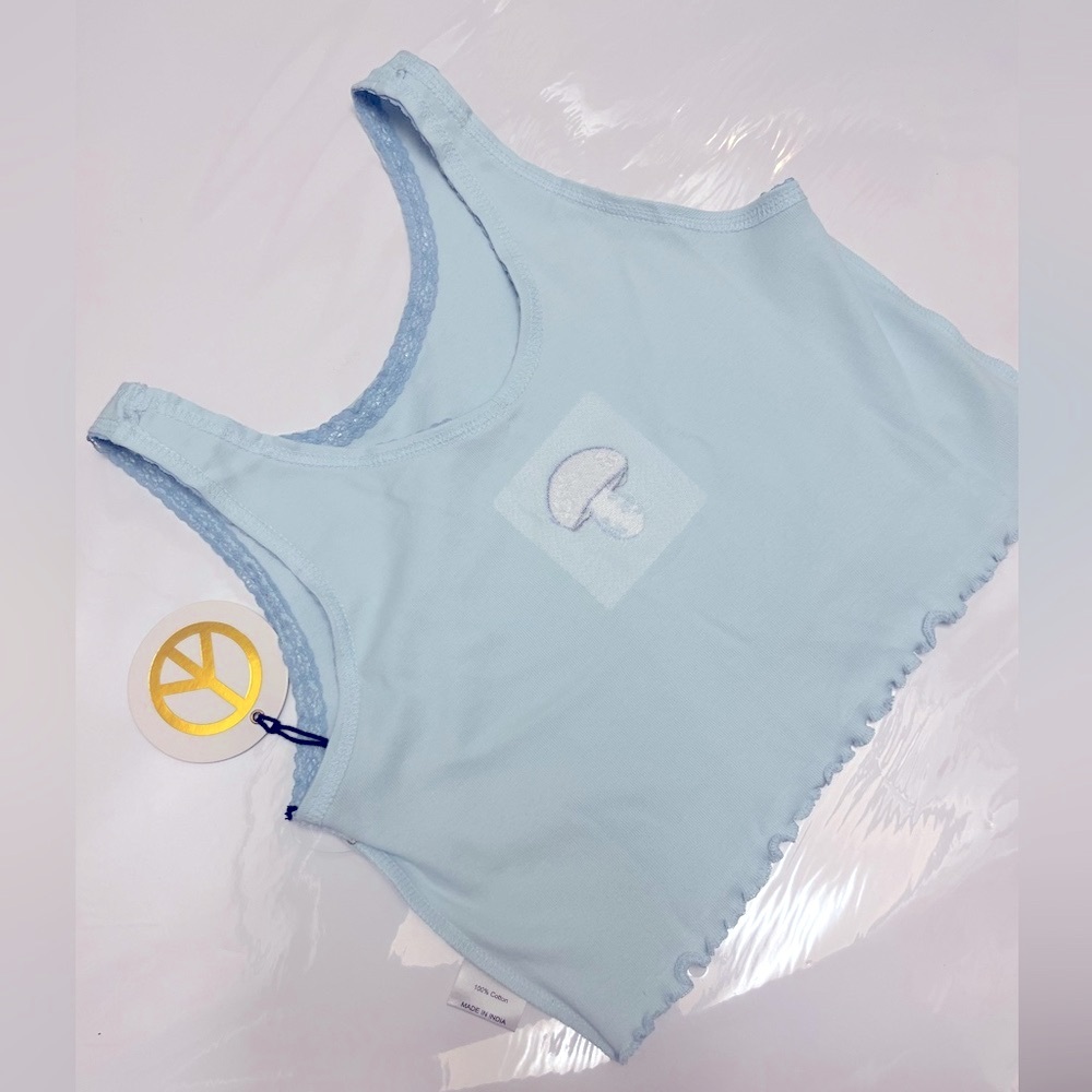 NWT 🩵🍄💙 Love Peace and lazy days blue crop top mushroom - Picture 7 of 10